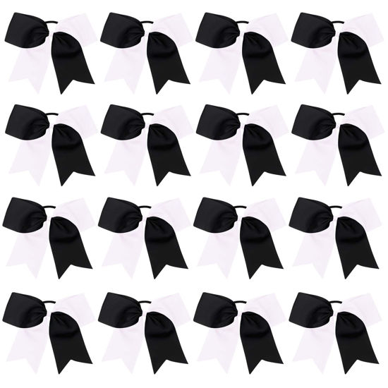 Picture of 16PCS 8" Large Cheer Hair Bows Ponytail Holder Elastic Band Handmade for Cheerleading Teen Girls College Sports (White/Black, 16 Count (Pack of 1))