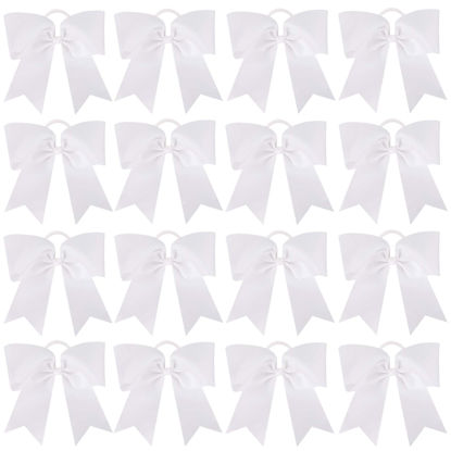 Picture of 16PCS 8" Large Cheer Hair Bows Ponytail Holder Elastic Band Handmade for Cheerleading Teen Girls College Sports (White - Big Bows, 16 Count (Pack of 1))