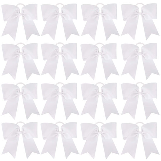 Picture of 16PCS 8" Large Cheer Hair Bows Ponytail Holder Elastic Band Handmade for Cheerleading Teen Girls College Sports (White - Big Bows, 16 Count (Pack of 1))
