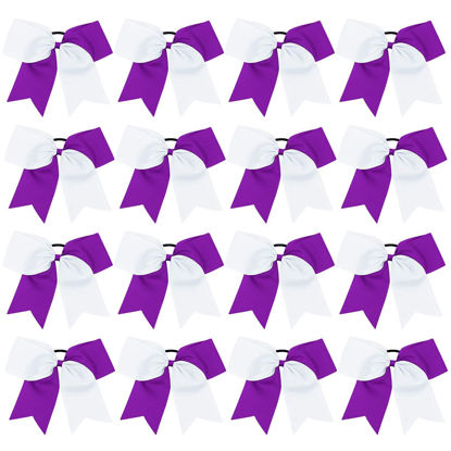 Picture of 16PCS 8" Large Cheer Hair Bows Ponytail Holder Elastic Band Handmade for Cheerleading Teen Girls College Sports (White/Purple, 16 Count (Pack of 1))