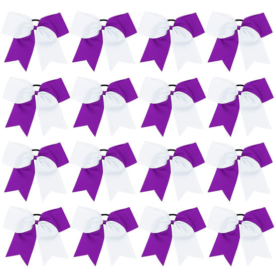 Picture of 16PCS 8" Large Cheer Hair Bows Ponytail Holder Elastic Band Handmade for Cheerleading Teen Girls College Sports (White/Purple, 16 Count (Pack of 1))