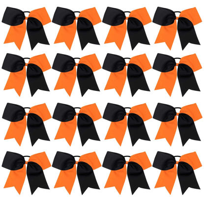 Picture of 16PCS 8" Large Cheer Hair Bows Ponytail Holder Elastic Band Handmade for Cheerleading Teen Girls College Sports (Black/Orange, 16 Count (Pack of 1))