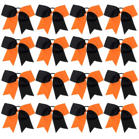 Picture of 16PCS 8" Large Cheer Hair Bows Ponytail Holder Elastic Band Handmade for Cheerleading Teen Girls College Sports (Black/Orange, 16 Count (Pack of 1))