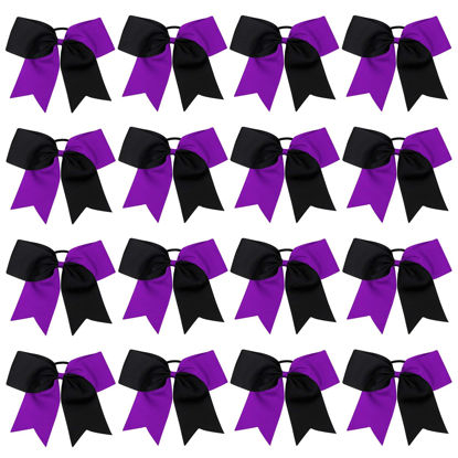 Picture of 16PCS 8" Large Cheer Hair Bows Ponytail Holder Elastic Band Handmade for Cheerleading Teen Girls College Sports (Black/Purple, 16 Count (Pack of 1))