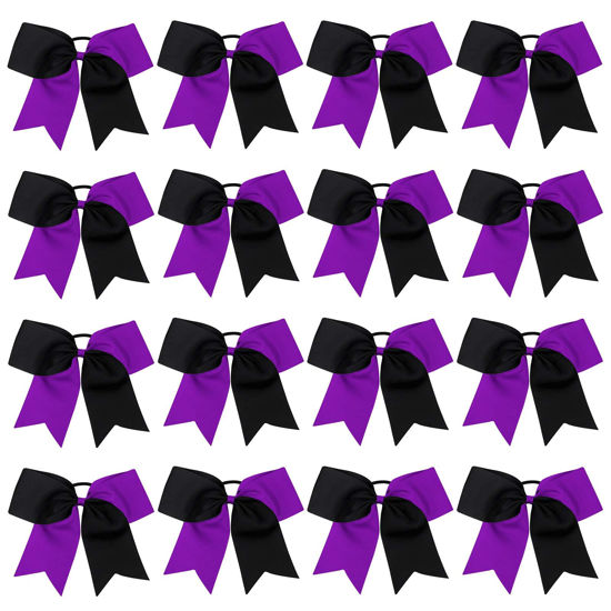 Picture of 16PCS 8" Large Cheer Hair Bows Ponytail Holder Elastic Band Handmade for Cheerleading Teen Girls College Sports (Black/Purple, 16 Count (Pack of 1))