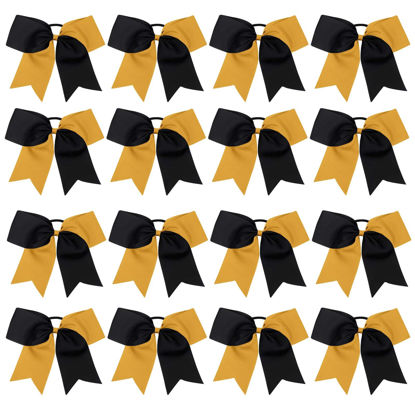 Picture of 16PCS 8" Large Cheer Hair Bows Ponytail Holder Elastic Band Handmade for Cheerleading Teen Girls College Sports (Black/Gold, 1 Count (Pack of 16))
