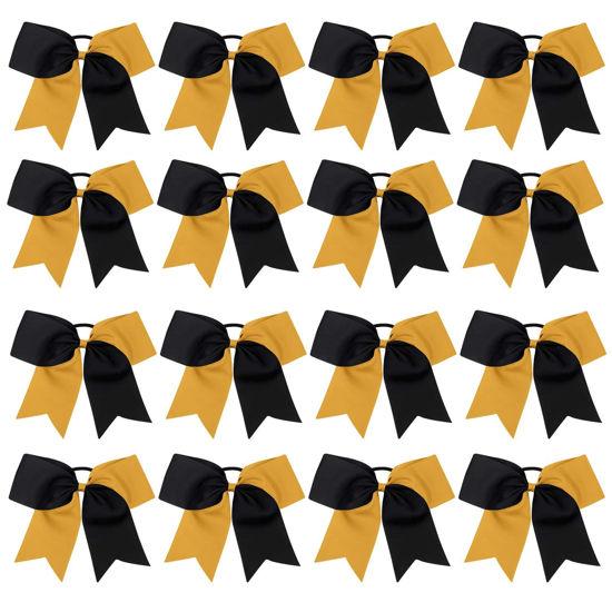 Picture of 16PCS 8" Large Cheer Hair Bows Ponytail Holder Elastic Band Handmade for Cheerleading Teen Girls College Sports (Black/Gold, 1 Count (Pack of 16))
