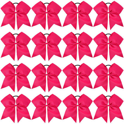 Picture of 16PCS 8" Large Cheer Hair Bows Ponytail Holder Elastic Band Handmade for Cheerleading Teen Girls College Sports (Dark Rose, 16 Count (Pack of 1))