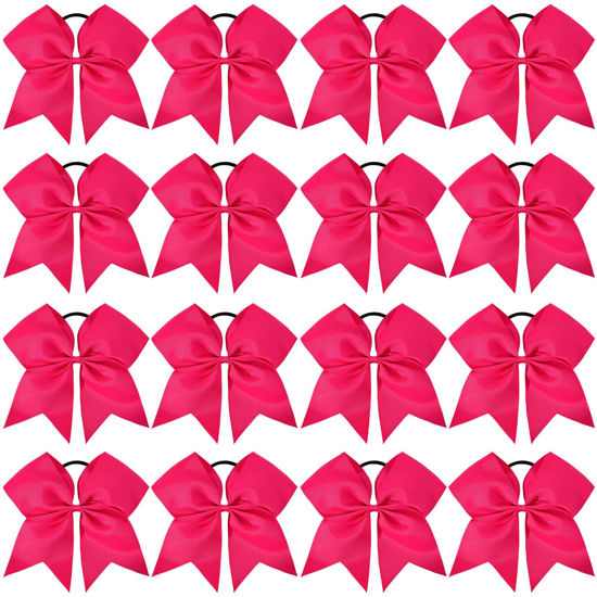 Picture of 16PCS 8" Large Cheer Hair Bows Ponytail Holder Elastic Band Handmade for Cheerleading Teen Girls College Sports (Dark Rose, 16 Count (Pack of 1))