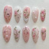 Picture of Peach Blossom Press on Nails Short Medium Almond Fake Nails with 3D Pearl Diamond Designs Pink Flower Full Cover Stick on Nails Pink White Gradient Glossy Acrylic Nails False Nails for Women 24Pcs