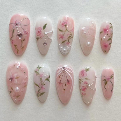 Picture of Peach Blossom Press on Nails Short Medium Almond Fake Nails with 3D Pearl Diamond Designs Pink Flower Full Cover Stick on Nails Pink White Gradient Glossy Acrylic Nails False Nails for Women 24Pcs
