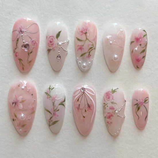 Picture of Peach Blossom Press on Nails Short Medium Almond Fake Nails with 3D Pearl Diamond Designs Pink Flower Full Cover Stick on Nails Pink White Gradient Glossy Acrylic Nails False Nails for Women 24Pcs