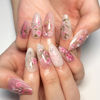 Picture of Peach Blossom Press on Nails Short Medium Almond Fake Nails with 3D Pearl Diamond Designs Pink Flower Full Cover Stick on Nails Pink White Gradient Glossy Acrylic Nails False Nails for Women 24Pcs