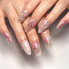 Picture of Peach Blossom Press on Nails Short Medium Almond Fake Nails with 3D Pearl Diamond Designs Pink Flower Full Cover Stick on Nails Pink White Gradient Glossy Acrylic Nails False Nails for Women 24Pcs
