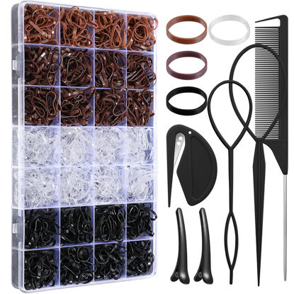 Picture of 1500 Pcs Hair Bands in 4 Natural Colors - Rubber Hair Ties with Organizer Box and 6 Styling Tools for Women, Girls, Kids