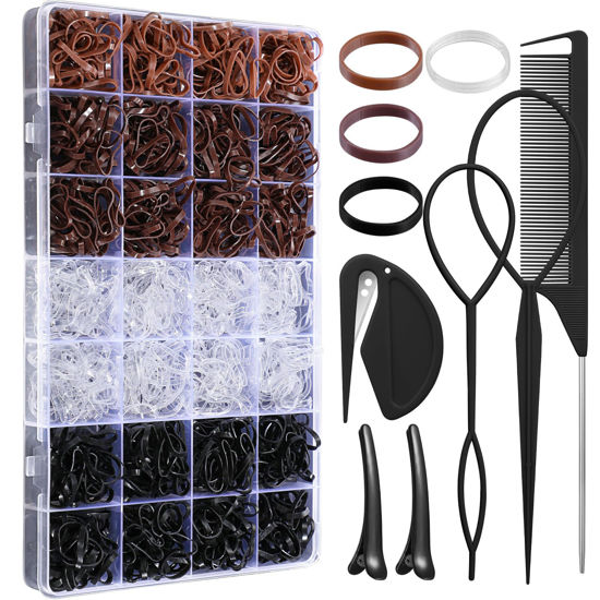 Picture of 1500 Pcs Hair Bands in 4 Natural Colors - Rubber Hair Ties with Organizer Box and 6 Styling Tools for Women, Girls, Kids