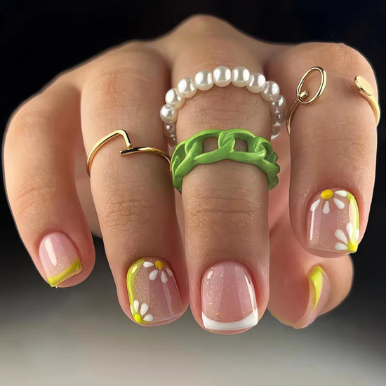 Picture of Cute Flower Press on Nails Short Fake Nails - LPOODDNU French Tip Press on Nails Square Shape False Nails Small Flowers Acrylic Nails Spring Summer Stick on Nails Short Artificial Nails for Manicure