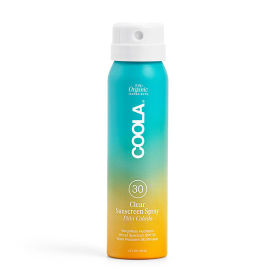 Picture of COOLA Organic Sunscreen SPF 30 Sunblock Spray, Dermatologist Tested Skin Care for Daily Protection, Vegan and Gluten Free, Piña Colada, Travel Size, 2 Fl Oz