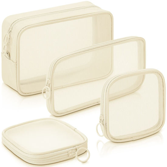 Picture of Weewooday 4 Pcs Mesh Makeup Bag Mesh Cosmetic Bag Travel Toiletry Bag Pouch with Zipper Mini Portable Makeup Cosmetic Travel Toiletry Purse Bag for Daily Accessories (Beige,Small, Large, Medium)