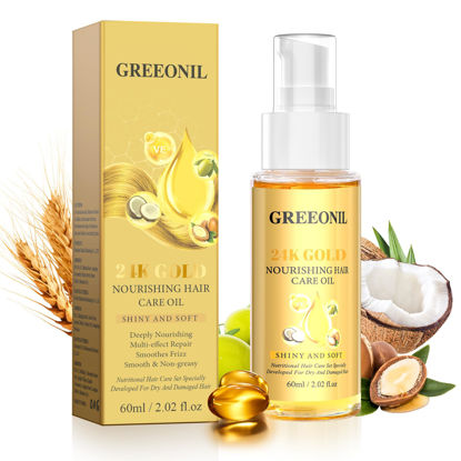 Picture of GREEONIL 24K Gold Argan, Coconut, and Olive Oil Serum for Frizz Control, Shine, and Split End Repair - Nourishing Hair Treatment with Vitamin E, 2.02 fl oz, 60ml