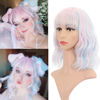 Picture of VCKOVCKO Natural Wavy Wig With Air Bangs Short Bob Piano Color Wigs Women's Shoulder Length Wigs Curly Wavy Synthetic Cosplay Wig Pastel Bob Wig for Girl Colorful Wigs(12",Pink & Sky Blue Mixed)