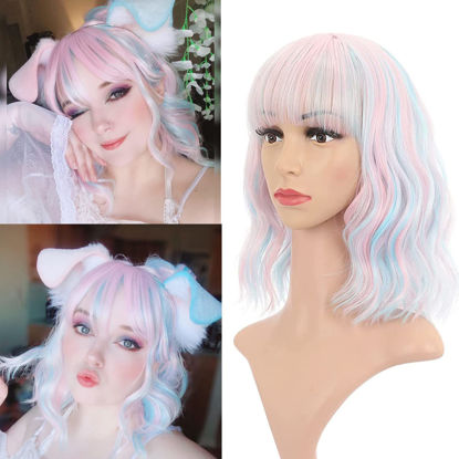 Picture of VCKOVCKO Natural Wavy Wig With Air Bangs Short Bob Piano Color Wigs Women's Shoulder Length Wigs Curly Wavy Synthetic Cosplay Wig Pastel Bob Wig for Girl Colorful Wigs(12",Pink & Sky Blue Mixed)