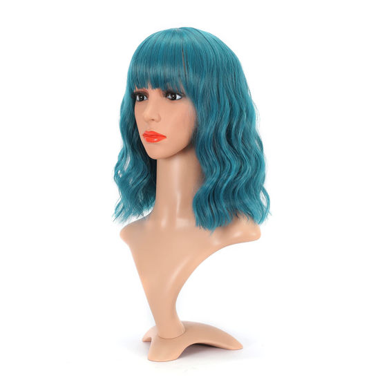 Picture of VCKOVCKO Natural Wavy Wig With Air Bangs Short Bob Dark Blue Wigs Women's Shoulder Length Wigs Curly Wavy Synthetic Cosplay Wig Pastel Bob Wig for Girl Colorful Wigs(12",Dark Blue)