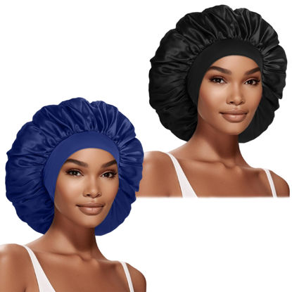 Picture of 2 Pcs Extra Large Satin Hair Bonnet for Sleeping Cap 17 inches Jumbo Silk Sleep Bonnet for Women (Black & Blue)