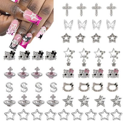 Picture of rythsans 56 pcs Bulk Set for Kitty Nails, Kawaii Bling & Cute Star Charms Nail Gems Y2K 3D Silver Star Nail Charms