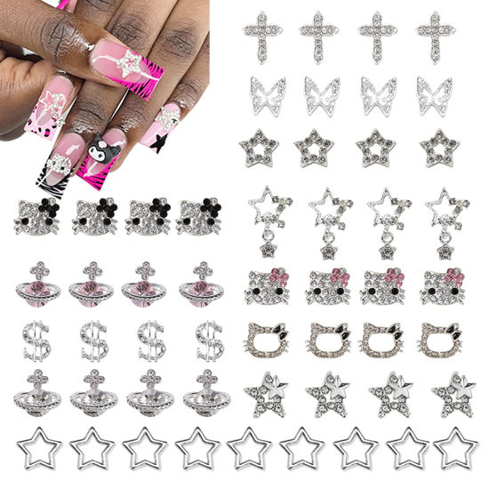 Picture of rythsans 56 pcs Bulk Set for Kitty Nails, Kawaii Bling & Cute Star Charms Nail Gems Y2K 3D Silver Star Nail Charms