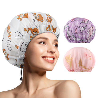 Picture of 3 PCS Shower Caps for Women, Upgrade Comfortable & Extra Large & Double Layers Waterproof Bath Cap, Oversized Designed Adjustable Hem Hair Cap for All Hair Lengths/Style