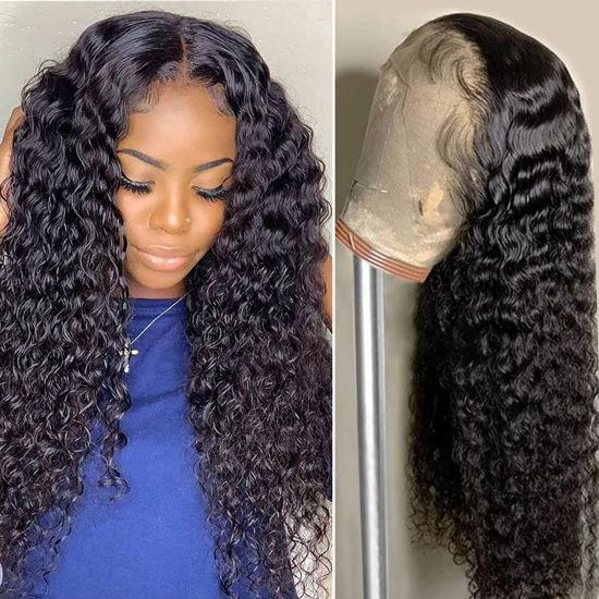 Picture of AISI Deep Wave Lace Front Wigs Human Hair 180% Density 13x4 Wet and Wavy Lace Front Wigs Human Hair HD Lace Glueless Wigs for Black Women Pre Plucked with Baby Hair Curly Lace Front Wig Human Hair(16 Inch)