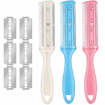 Picture of Hair Cutting Kit: Razor Comb, Double Edge Razors, Thinning Comb, and Scissors in White, Pink, Blue