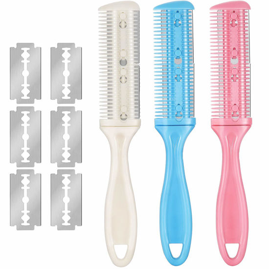 Picture of Hair Cutting Kit: Razor Comb, Double Edge Razors, Thinning Comb, and Scissors in White, Pink, Blue