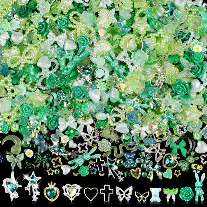 Picture of Sinyanail 3D Flower Nail Charms Set,150pcs Mixed Size Camellia Rose Resin Charms,150pcs Mixed Size and Color Leaves,100pcs Round White Pearl Beads for Nail Accessories Nail Art (30-Metal-Green)