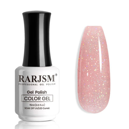 Picture of RARJSM Nail Polish Nude Glitter Rose Pink Jelly Shimmery Iridescent Rainbow Pigments Sparkly Red Pink Translucent Natural Gel Polish Soak off UV LED Cured 15ml Single Bottle