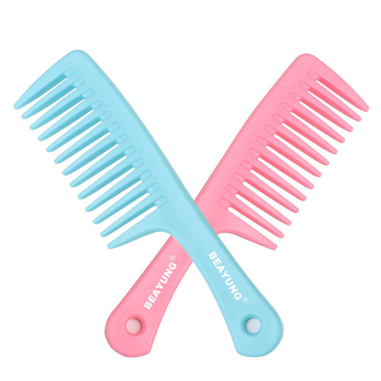 Picture of BEAYUNG 2 PCS Large Wide Tooth Comb, Shower Combs for Women, Curly Hair Brush, Detangling Comb, Hair Styling Comb, Hairdressing Tool (1Blue,1Pink)