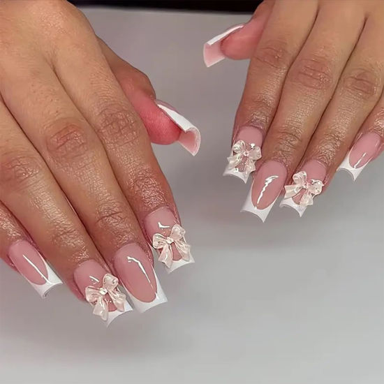 Picture of 24Pcs French Tip Press on Nails Medium Length Almond Fake Nails Bow Charms Stick on Nails with White Nail Tips Designs Nude Color Acrylic Nails for Women Girls Fashion Daily Wear Manicure