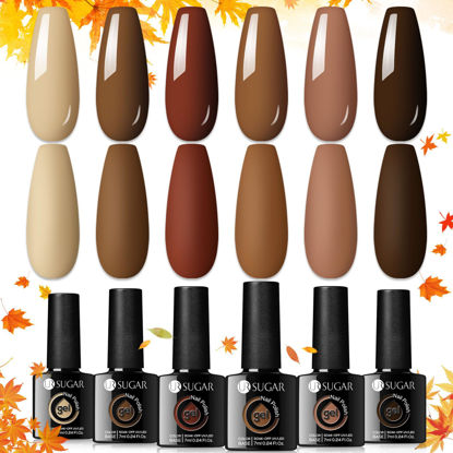 Picture of UR SUGAR Brown Gel Nail Polish Set, 6 Colors Fall Brown Caramel Coffee Burgundy Red Khaki Gel Polish Kit Autumn Winter Halloween Thanksgiving Day Gifts for Women Soak Off Gel Nail Art Manicure Kits