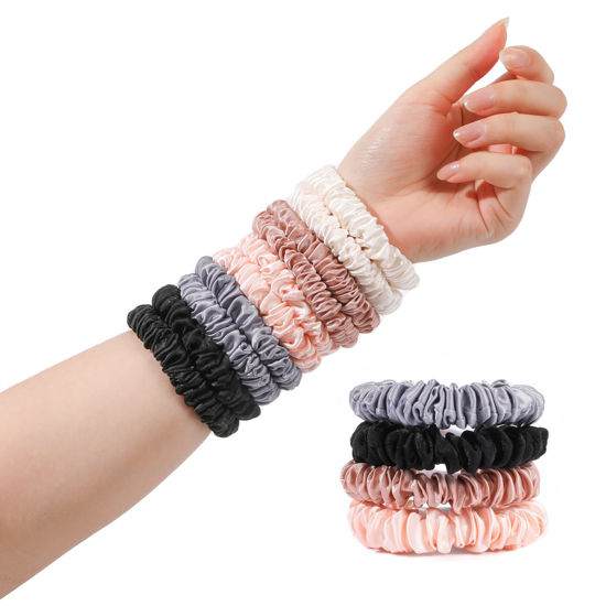 Picture of Hair Ties Silk Satin Scrunchies - Small Mini Thin Elestics Ponytail Holder Hair Bands Skinny Scrunchy For Thick Curl Hair No Crease Hair Ties Soft Accessories No Hurt Your Hair for Women and Girls (Basic color)