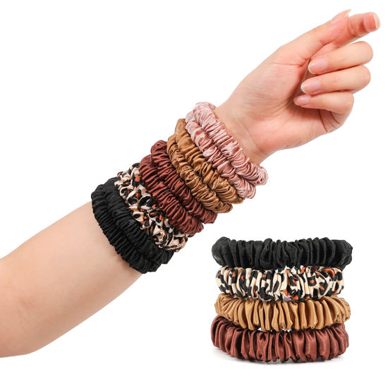 Picture of Hair Ties Silk Satin Scrunchies - Small Mini Thin Elestics Ponytail Holder Hair Bands Skinny Scrunchy For Thick Curl Hair No Crease Hair Ties Soft Accessories No Hurt Your Hair for Women and Girls