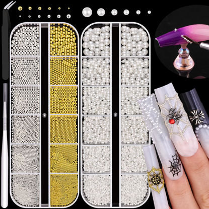 Picture of 2 Boxes Flatback Pearls (White) and Metal Nail Beads (Silver+Gold) for Nail Art, Luxurious Pearl Nail Charms and Small Round Caviar Beads Nail Accessories for Acrylic Nail Tips Manicure Decor