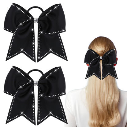 Picture of WILLBOND 2 Packs Jumbo Cheerleading Bow 8 Inch Cheer Hair Bows Large Cheerleading Hair Bows with Ponytail Holder for Teen Girls Softball Cheerleader Outfit Uniform(Rhinestone Black)