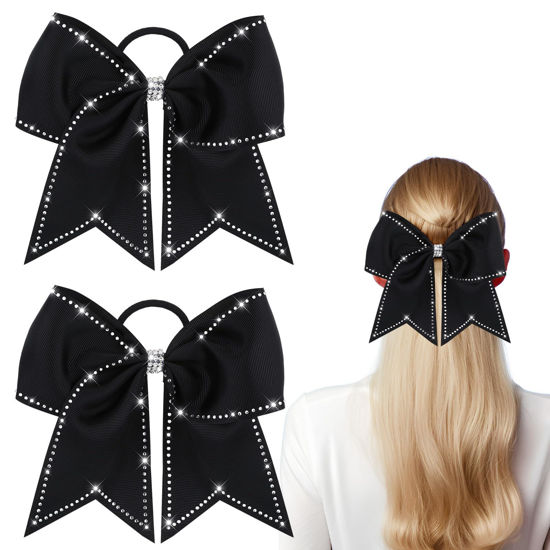 Picture of WILLBOND 2 Packs Jumbo Cheerleading Bow 8 Inch Cheer Hair Bows Large Cheerleading Hair Bows with Ponytail Holder for Teen Girls Softball Cheerleader Outfit Uniform(Rhinestone Black)