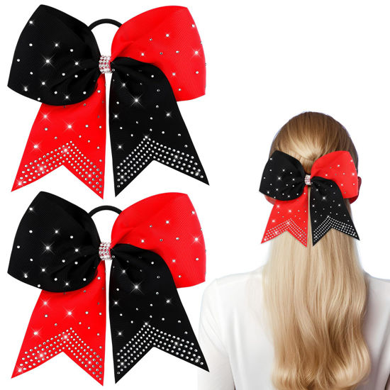 Picture of WILLBOND 2 Packs Jumbo Cheerleading Bow 8 Inch Cheer Hair Bows Large Cheerleading Hair Bows with Ponytail Holder for Teen Girls Softball Cheerleader Outfit Uniform (Rhinestone Red Black)