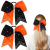 Picture of WILLBOND 2 Packs Jumbo Cheerleading Bow 8 Inch Cheer Hair Bows Large Cheerleading Hair Bows with Ponytail Holder for Teen Girls Softball Cheerleader Outfit Uniform(Rhinestone Orange Black)