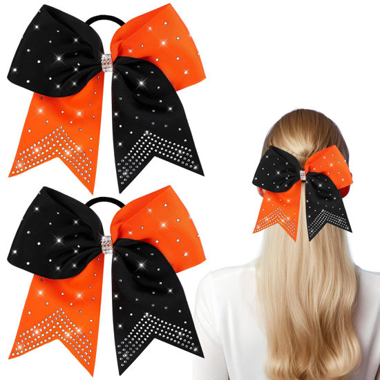 Picture of WILLBOND 2 Packs Jumbo Cheerleading Bow 8 Inch Cheer Hair Bows Large Cheerleading Hair Bows with Ponytail Holder for Teen Girls Softball Cheerleader Outfit Uniform(Rhinestone Orange Black)