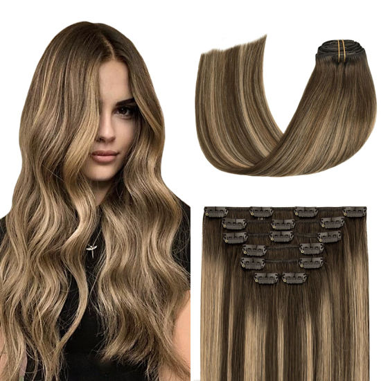 Picture of Aison Clip in Hair Extensions Real Human Hair 70G Chocolate Brown To Dark Blonde 100% Remy Human Hair Soft Silky Straight 7pcs 16clips One Pack (20 Inch #4T27P4)