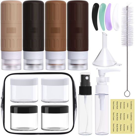 Picture of GLAMFIELDS Travel Bottles for Toiletries,TSA Approved 3.3oz Size LeakProof Silicone Toiletry Containers for Shampoo, Conditioner,Easy to Squeeze，Portable Travel Essentials for Lotion(18 Pack) Coffee