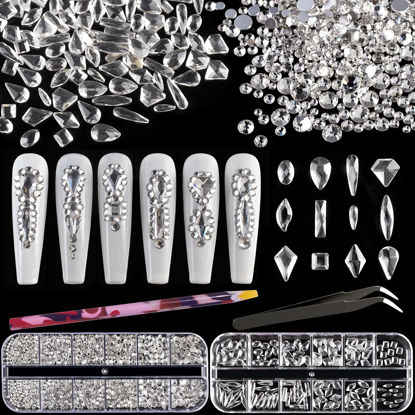 Picture of Multi Shapes Transparent White 3D Glass Crystal Nail Art Rhinestones Kit with Flatback Round Bead Charm Gem Stone Jewelry Diamond with Pickup Pen + Tweezer for Manicure Makeup DIY Craft Decoration
